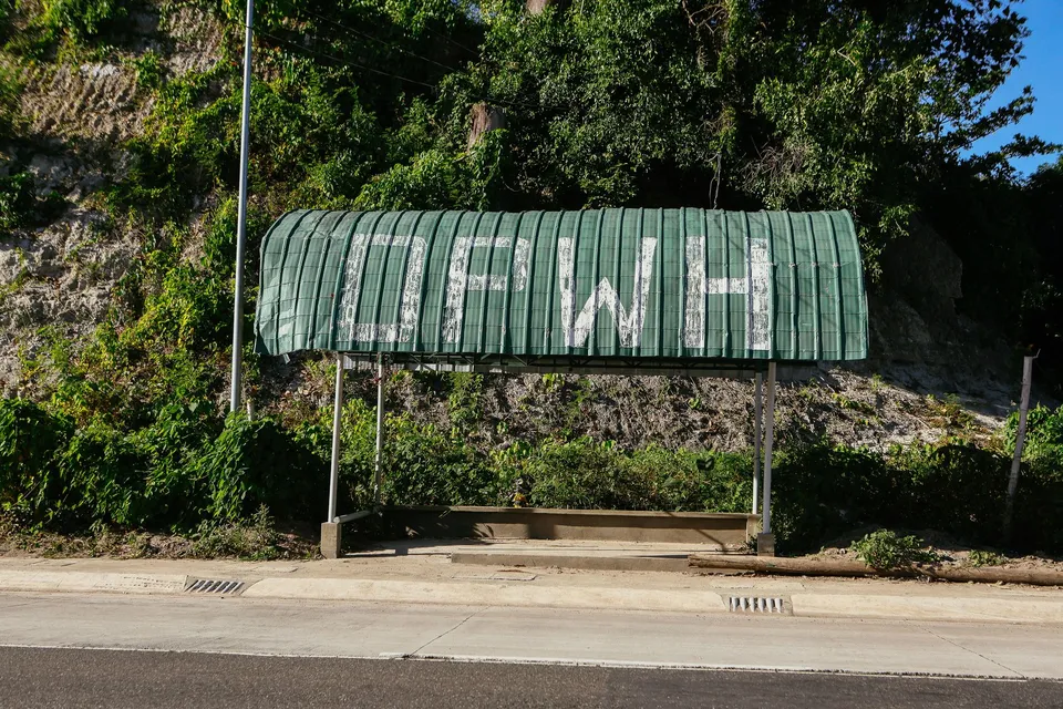 A rustic bus stop with a tin canopy amid lush greenery on a sunny day.